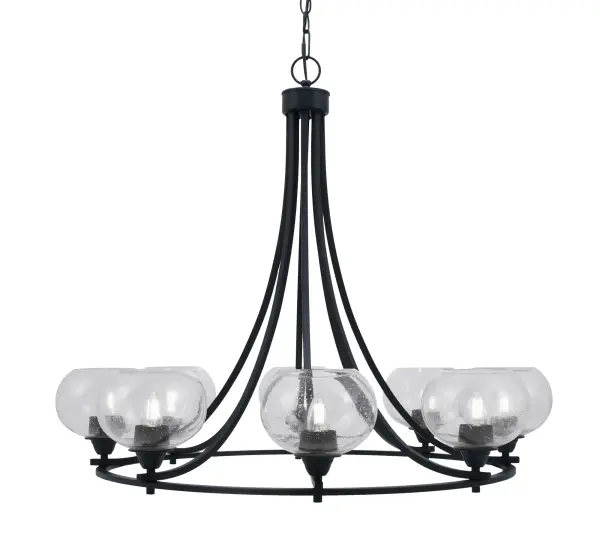The Paramount chandelier makes a dramatic impact with eight upward-facing lights encased in textured clear bubble glass. The matte black finish provides modern sophistication while the generous 36-inch width commands attention in larger spaces.