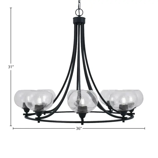 The Paramount chandelier makes a dramatic impact with eight upward-facing lights encased in textured clear bubble glass. The matte black finish provides modern sophistication while the generous 36-inch width commands attention in larger spaces. - alternate view