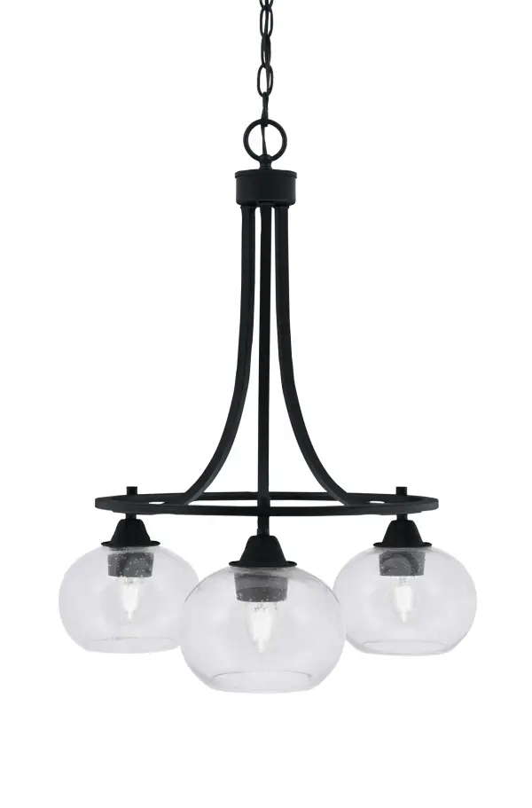 The Paramount 3-Light Chandelier combines contemporary matte black finish with distinctive clear bubble glass shades for a sophisticated yet approachable look. At just under 20 inches wide, it's perfectly sized for smaller dining areas, kitchen islands, or entryways where you want impact without overwhelming the space.