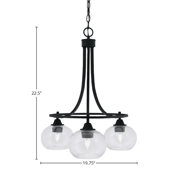 The Paramount 3-Light Chandelier combines contemporary matte black finish with distinctive clear bubble glass shades for a sophisticated yet approachable look. At just under 20 inches wide, it's perfectly sized for smaller dining areas, kitchen islands, or entryways where you want impact without overwhelming the space. - alternate view