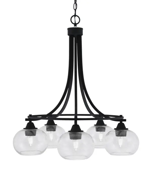 The Paramount 5-Light Chandelier combines sleek matte black finish with distinctive 7" clear bubble glass shades, creating captivating light patterns. Perfect for modern and transitional spaces seeking a sophisticated edge.