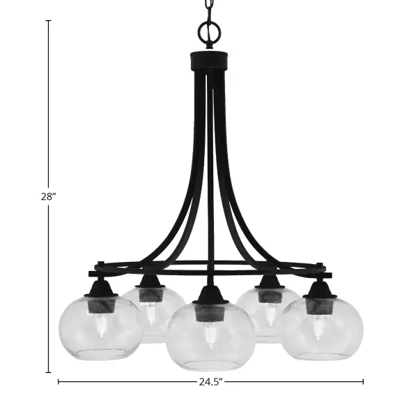 The Paramount 5-Light Chandelier combines sleek matte black finish with distinctive 7" clear bubble glass shades, creating captivating light patterns. Perfect for modern and transitional spaces seeking a sophisticated edge. - alternate view