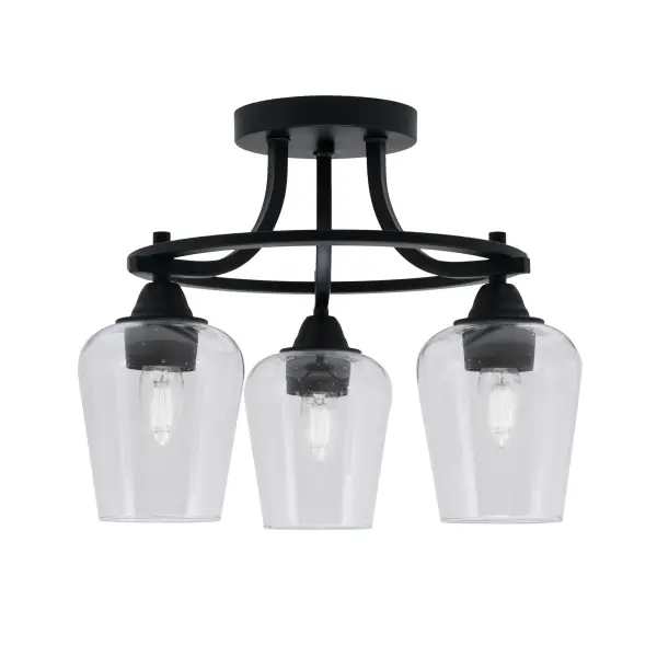 The Paramount semi-flush mount combines industrial matte black finish with unique clear bubble glass shades, creating visual interest while providing ample illumination for medium-sized spaces.