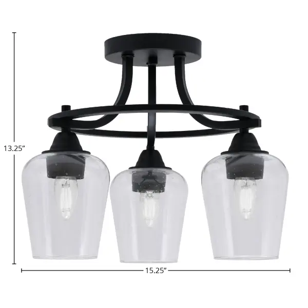 The Paramount semi-flush mount combines industrial matte black finish with unique clear bubble glass shades, creating visual interest while providing ample illumination for medium-sized spaces. - alternate view