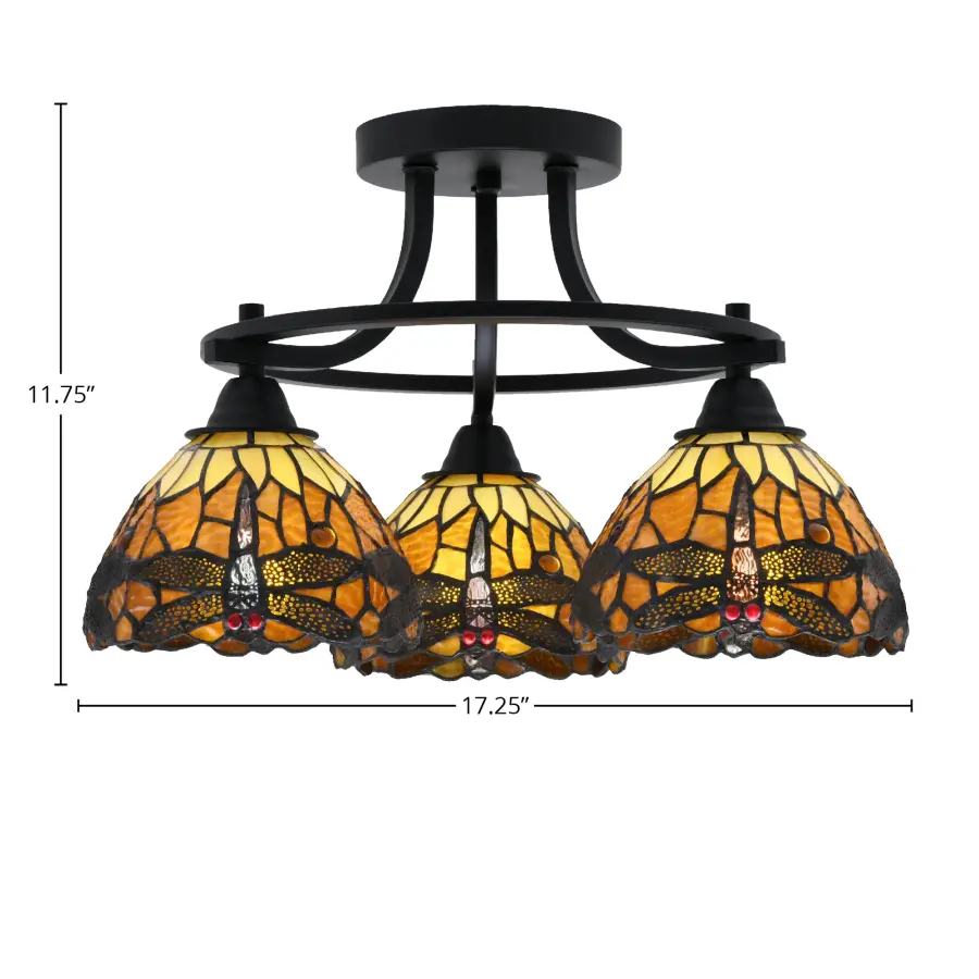 Paramount 3-Light Semi-Flush with Amber Dragonfly Glass - Image 2