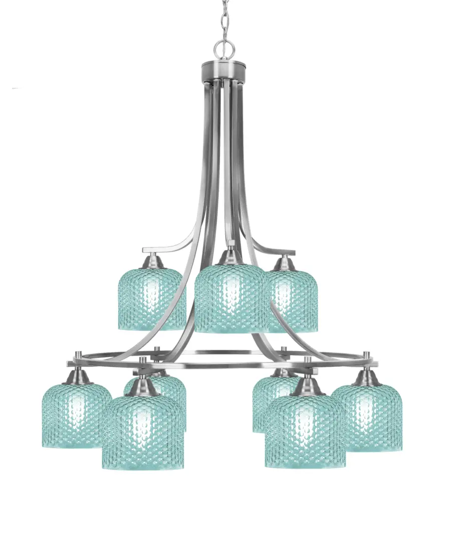 Paramount 9-Light Downlight Chandelier in Brushed Nickel with Turquoise Glass - Image 1
