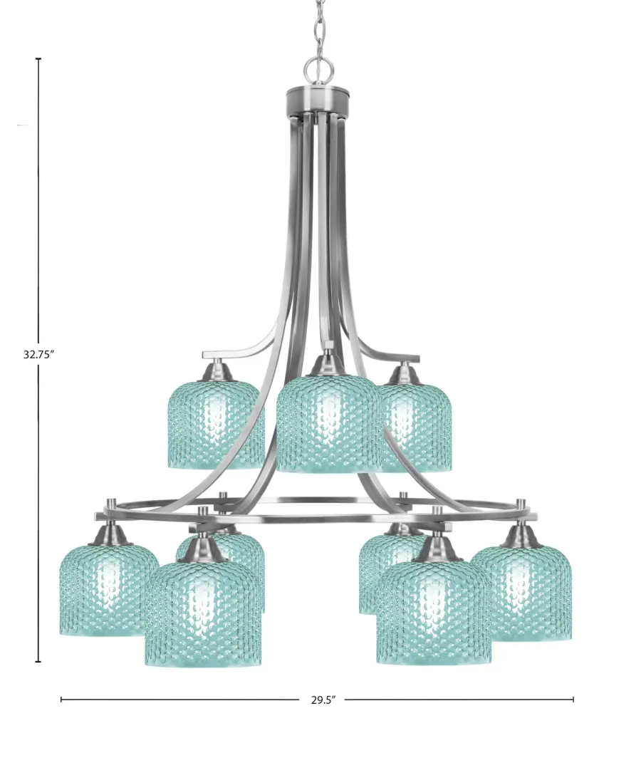 Paramount 9-Light Downlight Chandelier in Brushed Nickel with Turquoise Glass - Image 2