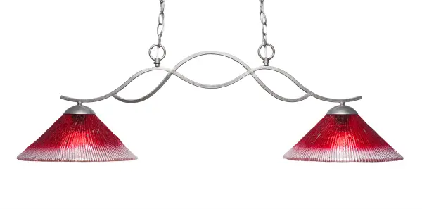 The Revo 2-Light Island Light combines traditional elegance with a contemporary twist through its striking raspberry crystal glass shades. The aged silver finish provides versatile appeal while the unique glass color creates a memorable focal point.