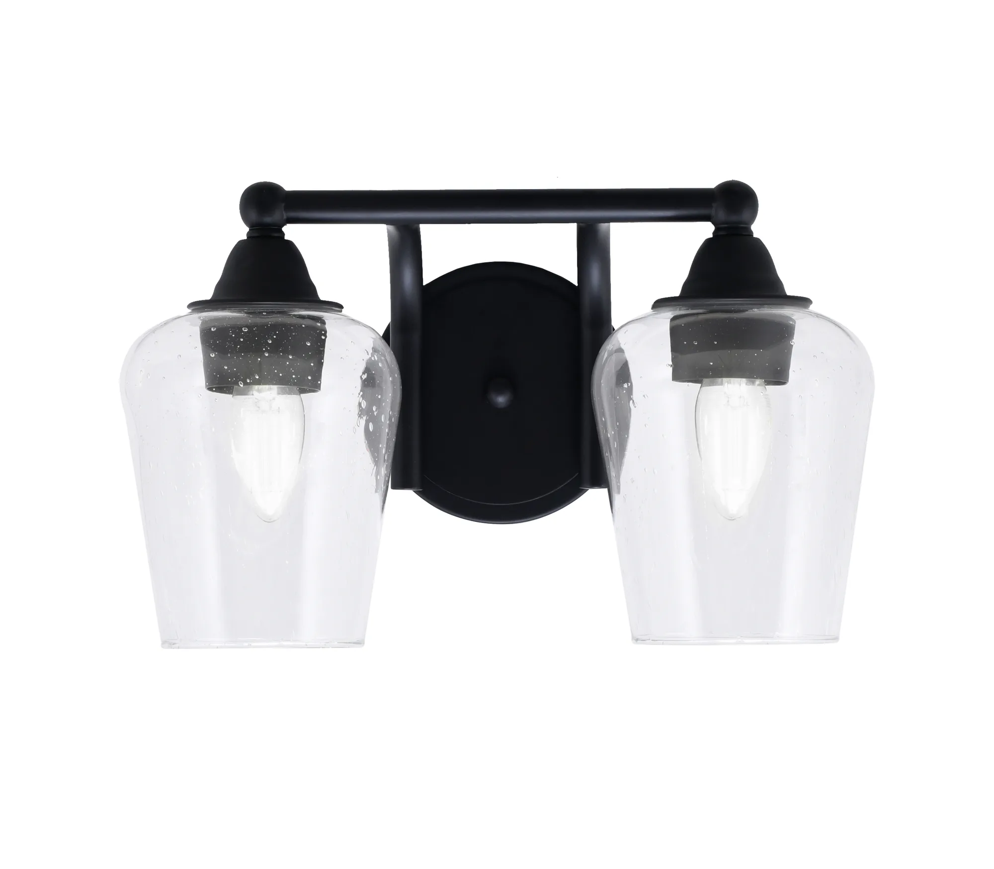 Paramount 2-Light Bath Bar in Matte Black with Clear Bubble Glass