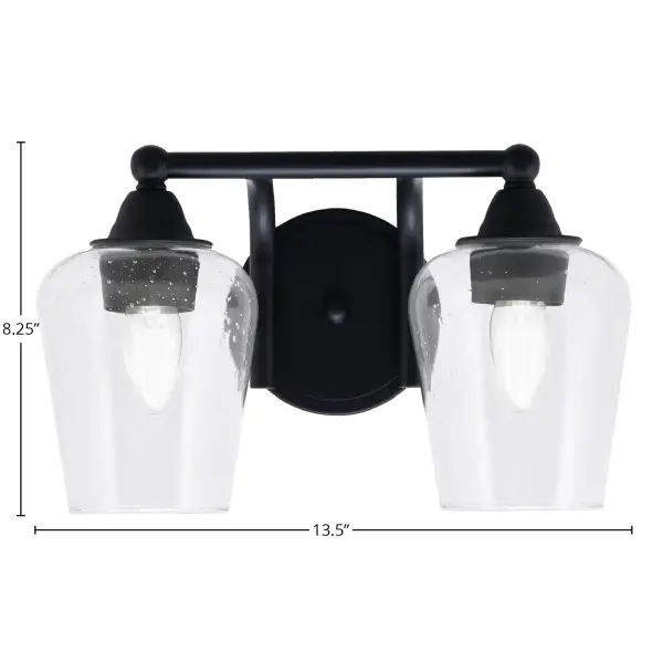 The Paramount 2-Light Bath Bar combines sleek matte black finish with eye-catching clear bubble glass shades. Perfect for modern bathrooms, this versatile fixture mounts up or down and accommodates LED bulbs for energy efficiency. - alternate view