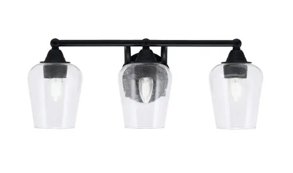 The Paramount 3-Light Bath Bar combines contemporary style with functional lighting. Its matte black finish and clear bubble glass shades create beautiful textured illumination perfect for modern bathrooms.