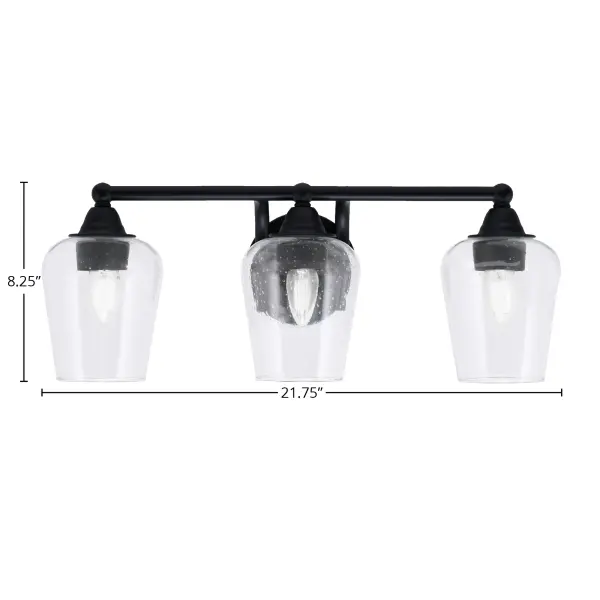 The Paramount 3-Light Bath Bar combines contemporary style with functional lighting. Its matte black finish and clear bubble glass shades create beautiful textured illumination perfect for modern bathrooms. - alternate view