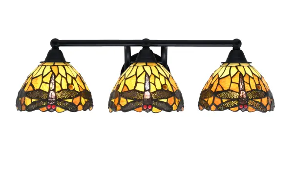 Paramount 3-Light Bath Bar in Matte Black with Amber Dragonfly Glass - Image 1