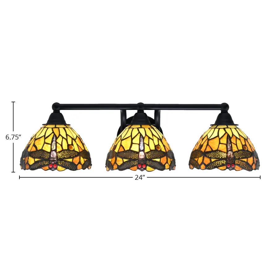 Paramount 3-Light Bath Bar in Matte Black with Amber Dragonfly Glass - Image 2