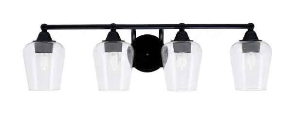 The Paramount Bath Bar combines sleek matte black finish with elegant clear bubble glass shades for a sophisticated modern look. At 30 inches wide, it provides ample illumination for medium to large vanities while adding visual interest.