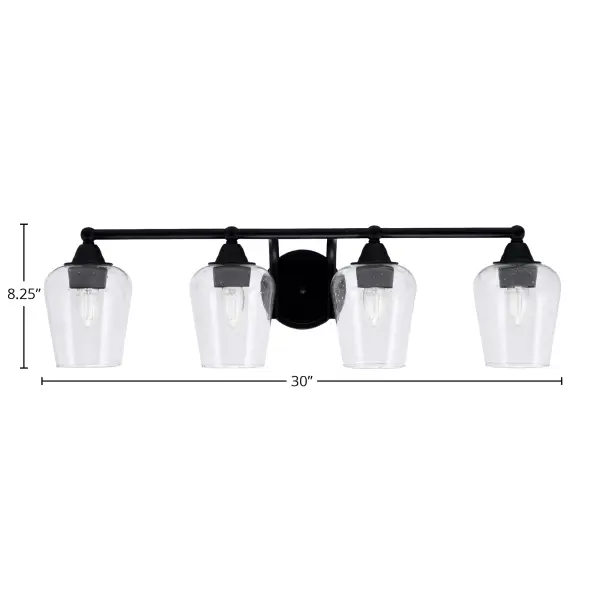 The Paramount Bath Bar combines sleek matte black finish with elegant clear bubble glass shades for a sophisticated modern look. At 30 inches wide, it provides ample illumination for medium to large vanities while adding visual interest. - alternate view