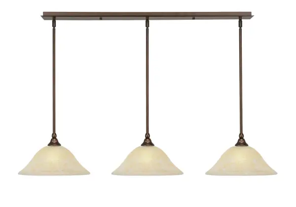 This 3-light linear pendant combines traditional bronze finish with warm amber marble glass shades, creating inviting illumination perfect for dining areas and kitchen islands. Adjustable stem height and sloped ceiling compatibility offer installation flexibility.