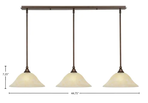 This 3-light linear pendant combines traditional bronze finish with warm amber marble glass shades, creating inviting illumination perfect for dining areas and kitchen islands. Adjustable stem height and sloped ceiling compatibility offer installation flexibility. - alternate view