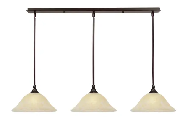 This 3-light linear pendalier combines industrial character with warm sophistication. The dark granite finish provides bold contrast while amber marble glass shades create a golden glow perfect for task and ambient lighting. - alternate view