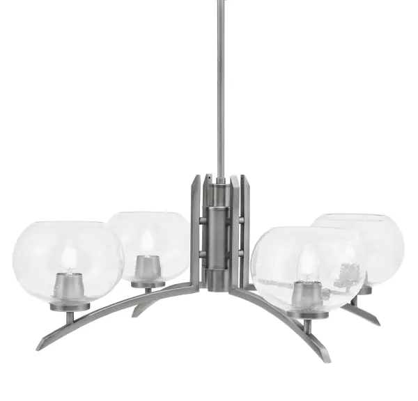 The Kurve 4-Light Chandelier combines sleek contemporary design with whimsical bubble glass shades. Its graphite finish and linear form make it versatile for modern dining rooms and kitchen islands, while adjustable height accommodates various ceiling configurations.