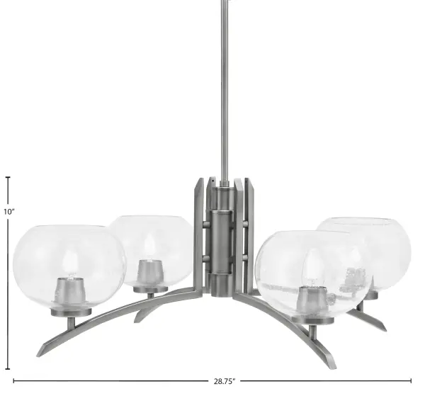The Kurve 4-Light Chandelier combines sleek contemporary design with whimsical bubble glass shades. Its graphite finish and linear form make it versatile for modern dining rooms and kitchen islands, while adjustable height accommodates various ceiling configurations. - alternate view