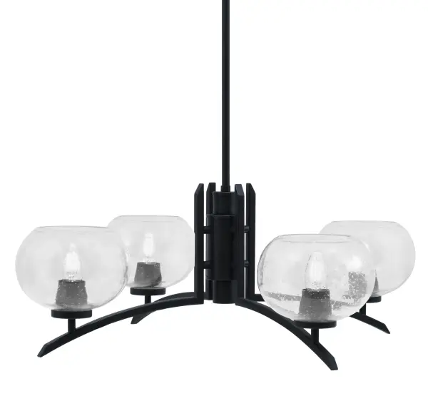 The Kurve 4 Light Chandelier combines industrial-modern aesthetics with functional lighting. Its matte black finish and clear bubble glass create visual interest while providing ample illumination for dining and living spaces.