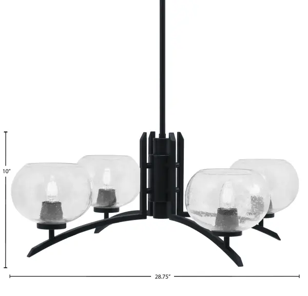 The Kurve 4 Light Chandelier combines industrial-modern aesthetics with functional lighting. Its matte black finish and clear bubble glass create visual interest while providing ample illumination for dining and living spaces. - alternate view