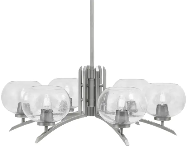 The Kurve 6-Light Chandelier combines contemporary design with industrial charm. Its graphite finish and clear bubble glass shades create visual interest while providing ample illumination for dining and living spaces.
