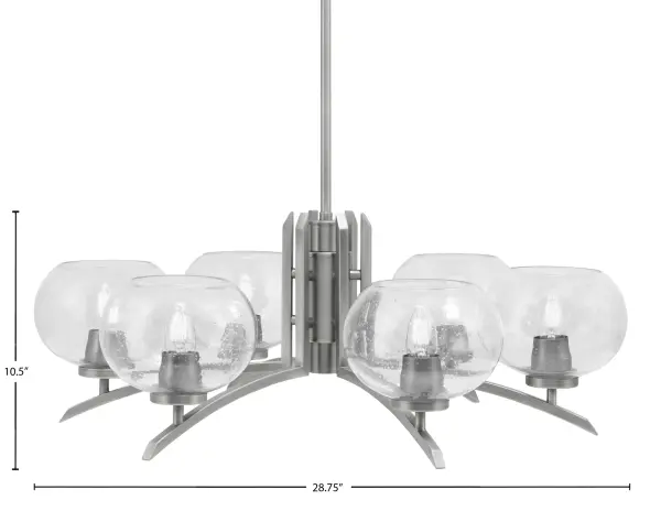 The Kurve 6-Light Chandelier combines contemporary design with industrial charm. Its graphite finish and clear bubble glass shades create visual interest while providing ample illumination for dining and living spaces. - alternate view