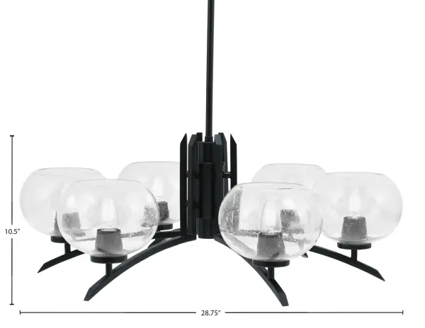 The Kurve 6 Light Chandelier combines contemporary design with industrial charm. Its matte black finish and distinctive clear bubble glass shades create visual interest while providing warm, ambient lighting for dining and living spaces. - alternate view