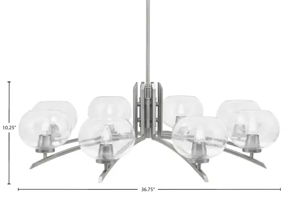 The Kurve 8-Light Chandelier makes a striking statement with its 36.75-inch span and unique clear bubble glass shades. The graphite finish provides modern sophistication while the adjustable hanging height accommodates various ceiling configurations. - alternate view