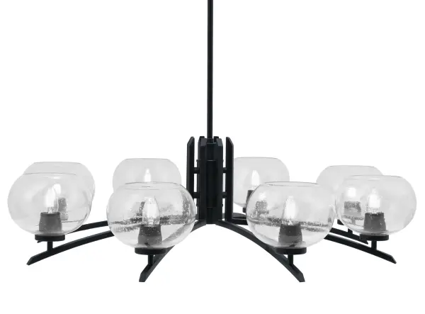 The Kurve 8-Light Chandelier combines sleek matte black metalwork with distinctive clear bubble glass shades, creating a striking focal point. Its generous 36.75-inch width and adjustable height make it versatile for various ceiling heights and room sizes.