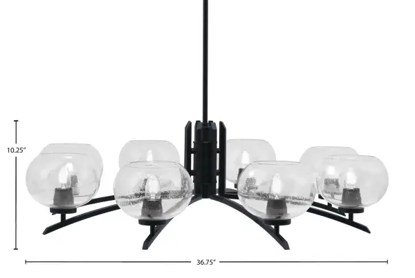 The Kurve 8-Light Chandelier combines sleek matte black metalwork with distinctive clear bubble glass shades, creating a striking focal point. Its generous 36.75-inch width and adjustable height make it versatile for various ceiling heights and room sizes. - alternate view