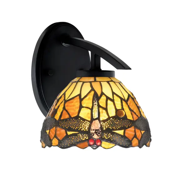 The Kurve Downlight Wall Sconce combines contemporary matte black styling with handcrafted amber dragonfly art glass. Its compact 7-inch design and up/down mounting flexibility make it ideal for bathrooms, hallways, and accent lighting.
