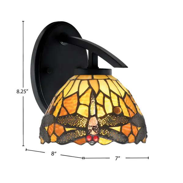 The Kurve Downlight Wall Sconce combines contemporary matte black styling with handcrafted amber dragonfly art glass. Its compact 7-inch design and up/down mounting flexibility make it ideal for bathrooms, hallways, and accent lighting. - alternate view