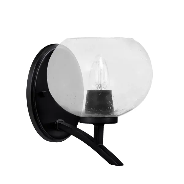 The Kurve Uplight Wall Sconce combines contemporary styling with practical illumination. Its matte black finish and distinctive clear bubble glass shade create visual interest while providing warm ambient lighting.