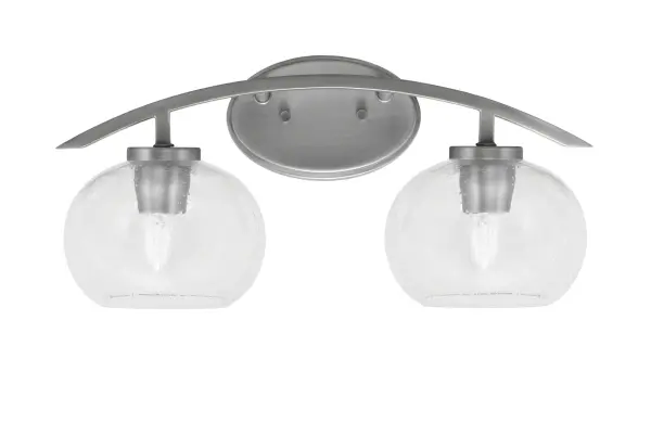 The Kurve 2-Light Bath Bar combines contemporary style with practical functionality. Its graphite finish and unique clear bubble glass shades create visual interest while providing ample illumination for grooming tasks.