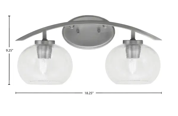 The Kurve 2-Light Bath Bar combines contemporary style with practical functionality. Its graphite finish and unique clear bubble glass shades create visual interest while providing ample illumination for grooming tasks. - alternate view