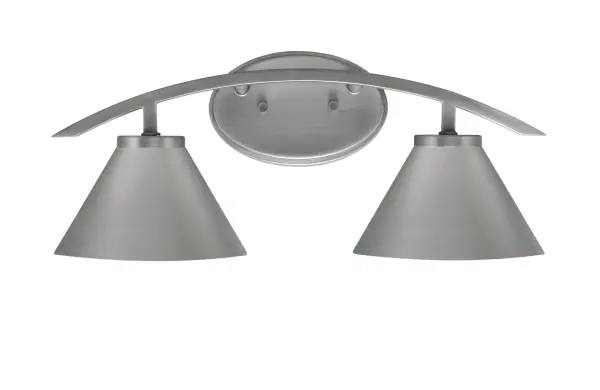 The Kurve 2 Light Bath Bar combines contemporary style with practical functionality. Its graphite finish and cone metal shades create a modern aesthetic perfect for bathrooms. The up or down mounting flexibility allows customization.