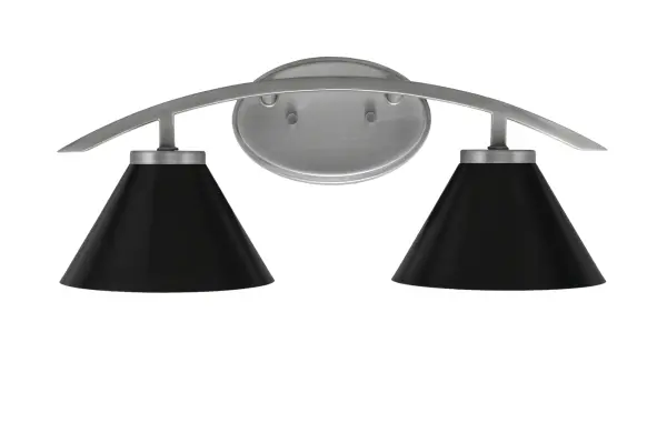 The Kurve 2-Light Bath Bar combines industrial charm with contemporary elegance through its graphite finish and matte black cone shades. Versatile mounting options and dimmable capability make it adaptable to various bathroom styles.