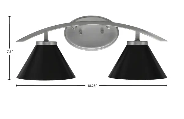 The Kurve 2-Light Bath Bar combines industrial charm with contemporary elegance through its graphite finish and matte black cone shades. Versatile mounting options and dimmable capability make it adaptable to various bathroom styles. - alternate view