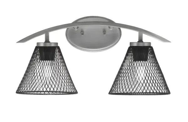 The Kurve 2-Light Bath Bar brings contemporary industrial style to bathroom lighting with its graphite finish and unique cone mesh metal shades. Versatile up or down mounting and dimmable capability make it adaptable to various spaces.