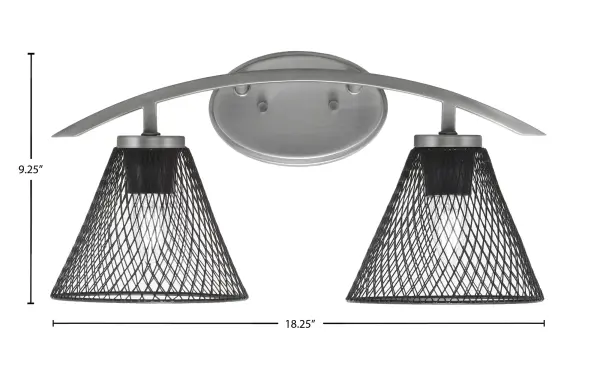 The Kurve 2-Light Bath Bar brings contemporary industrial style to bathroom lighting with its graphite finish and unique cone mesh metal shades. Versatile up or down mounting and dimmable capability make it adaptable to various spaces. - alternate view