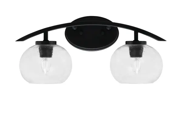 The Kurve 2-Light Bath Bar combines sleek matte black finish with unique clear bubble glass shades for a contemporary look. Its reversible mounting and compact 18.25-inch width make it ideal for modern bathrooms.