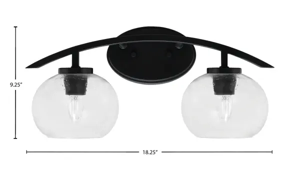 The Kurve 2-Light Bath Bar combines sleek matte black finish with unique clear bubble glass shades for a contemporary look. Its reversible mounting and compact 18.25-inch width make it ideal for modern bathrooms. - alternate view