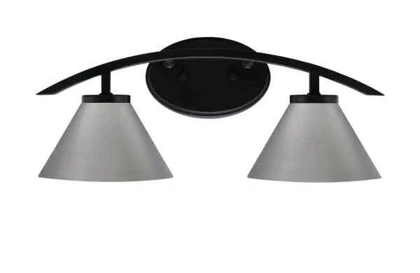 The Kurve 2 Light Bath Bar combines industrial-inspired cone shades with a matte black finish for a contemporary look. Its compact 18.25-inch width fits most vanities while delivering bright, even lighting with flexible mounting options.