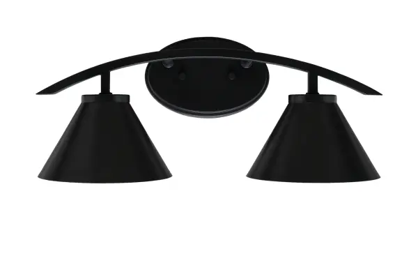 The Kurve 2-Light Bath Bar combines modern industrial style with practical functionality. Its matte black finish and cone metal shades create ambient lighting perfect for contemporary bathrooms.