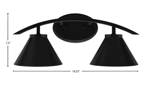 The Kurve 2-Light Bath Bar combines modern industrial style with practical functionality. Its matte black finish and cone metal shades create ambient lighting perfect for contemporary bathrooms. - alternate view