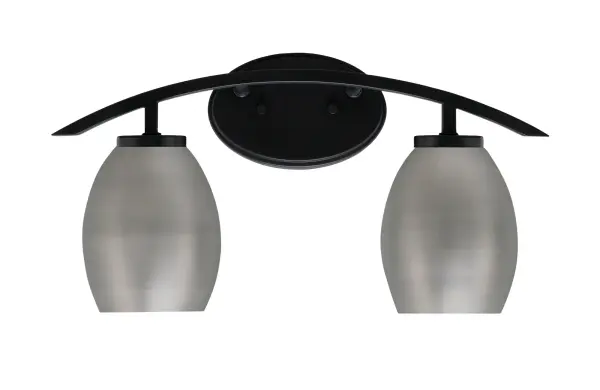 The Kurve 2 Light Bath Bar combines contemporary design with practical functionality. Its matte black finish and graphite oval metal shades create a sophisticated look perfect for modern bathrooms and powder rooms.