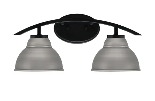 The Kurve 2-Light Bath Bar brings contemporary sophistication to bathroom lighting with its matte black finish and unique graphite double bubble metal shades. Versatile up or down mounting and dimmable capability make it adaptable.